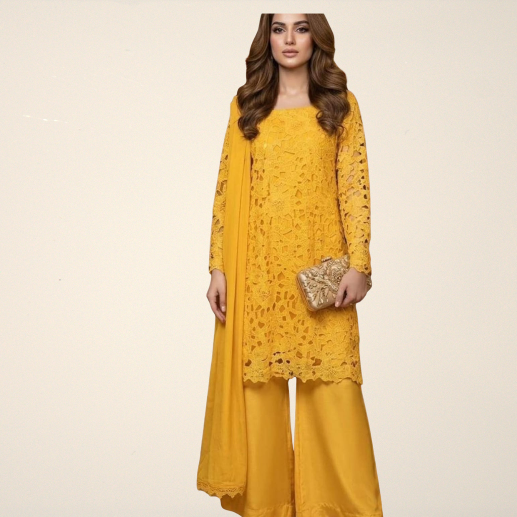 Crochet Cutwork 3PC Suit – Chiffon Lace Dupatta & Silk Plazo Dress for Women