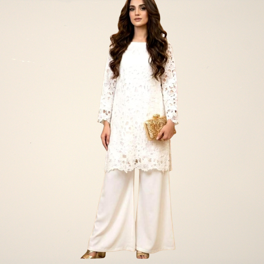 Crochet Cutwork 3PC Suit – Chiffon Lace Dupatta & Silk Plazo Dress for Women
