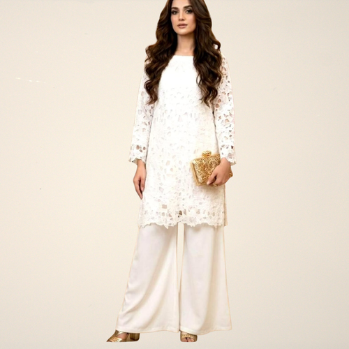 Crochet Cutwork 3PC Suit – Chiffon Lace Dupatta & Silk Plazo Dress for Women