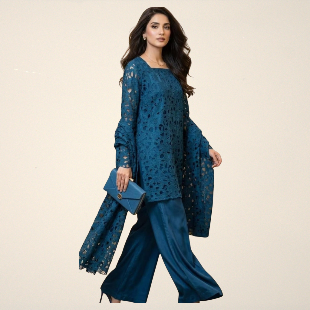 Crochet Cutwork 3PC Suit – Chiffon Lace Dupatta & Silk Plazo Dress for Women