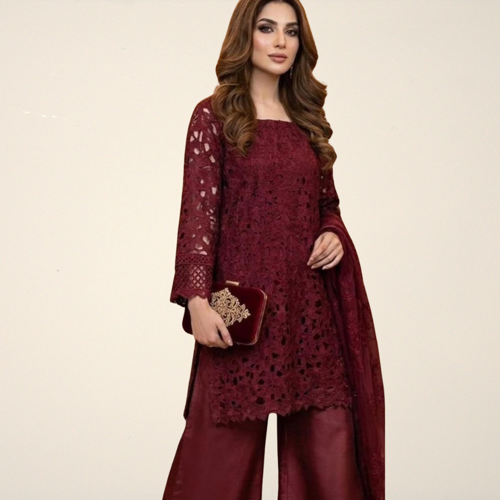 Crochet Cutwork 3PC Suit – Chiffon Lace Dupatta & Silk Plazo Dress for Women