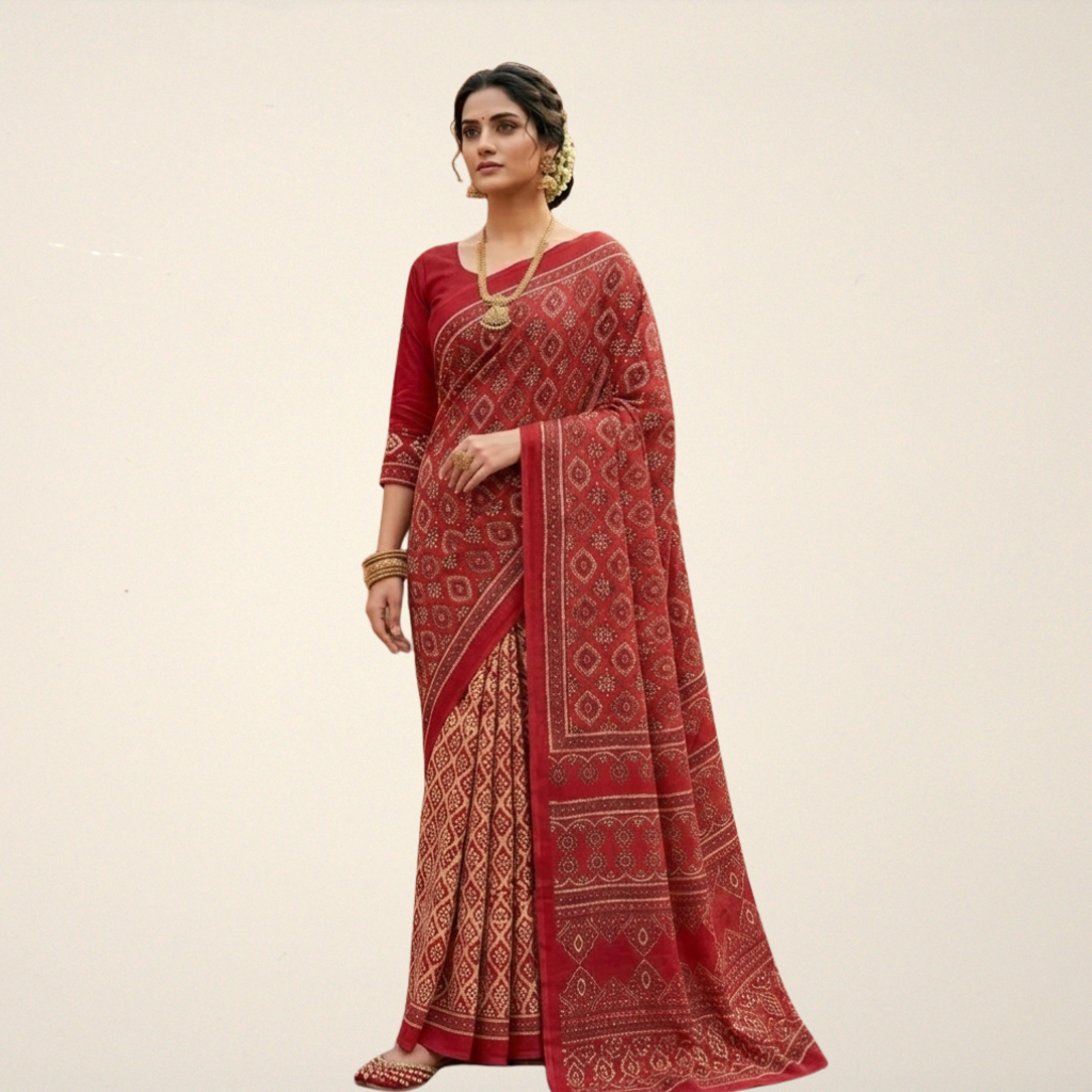 Elegant Block Printed Cotton Lawn Saree – Handcrafted Designer Saree for Weddings & Eid